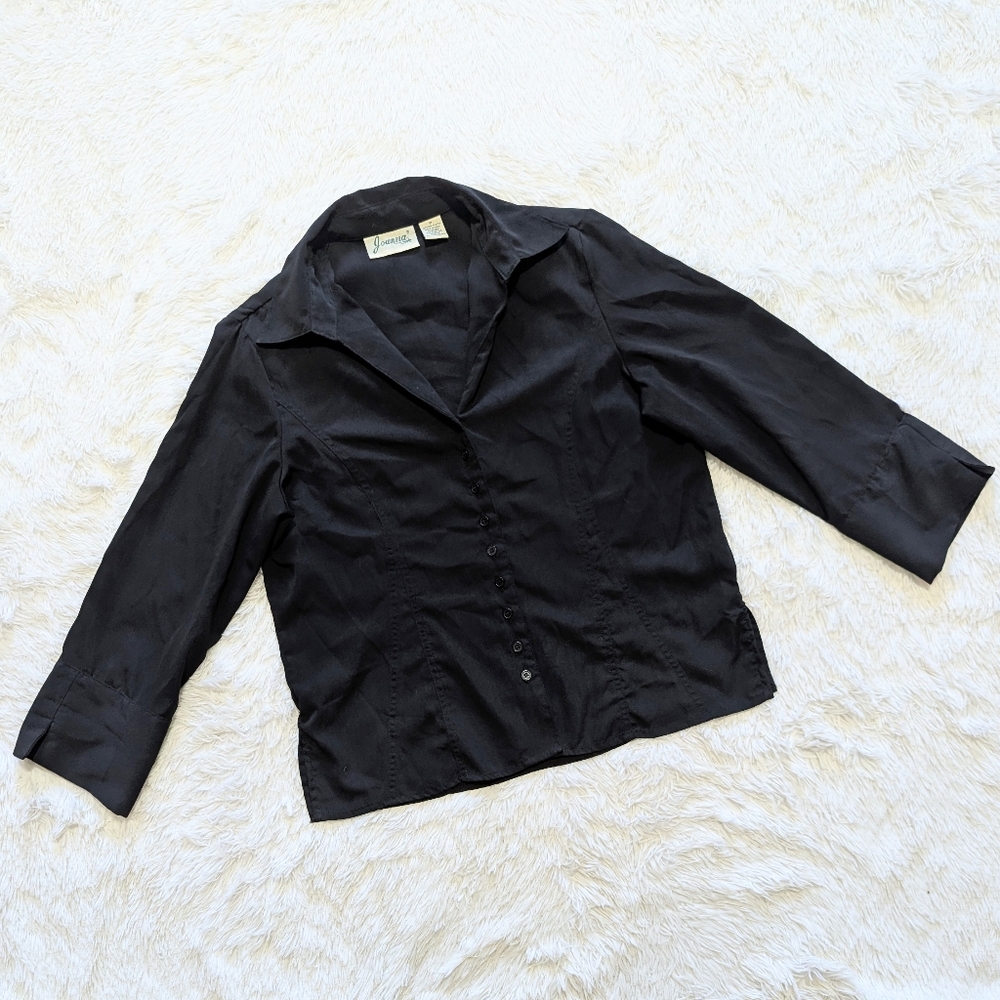 90s Vintage Joanna Black V Neck Princess Seam Button Up 3/4 Sleeve Top Medium